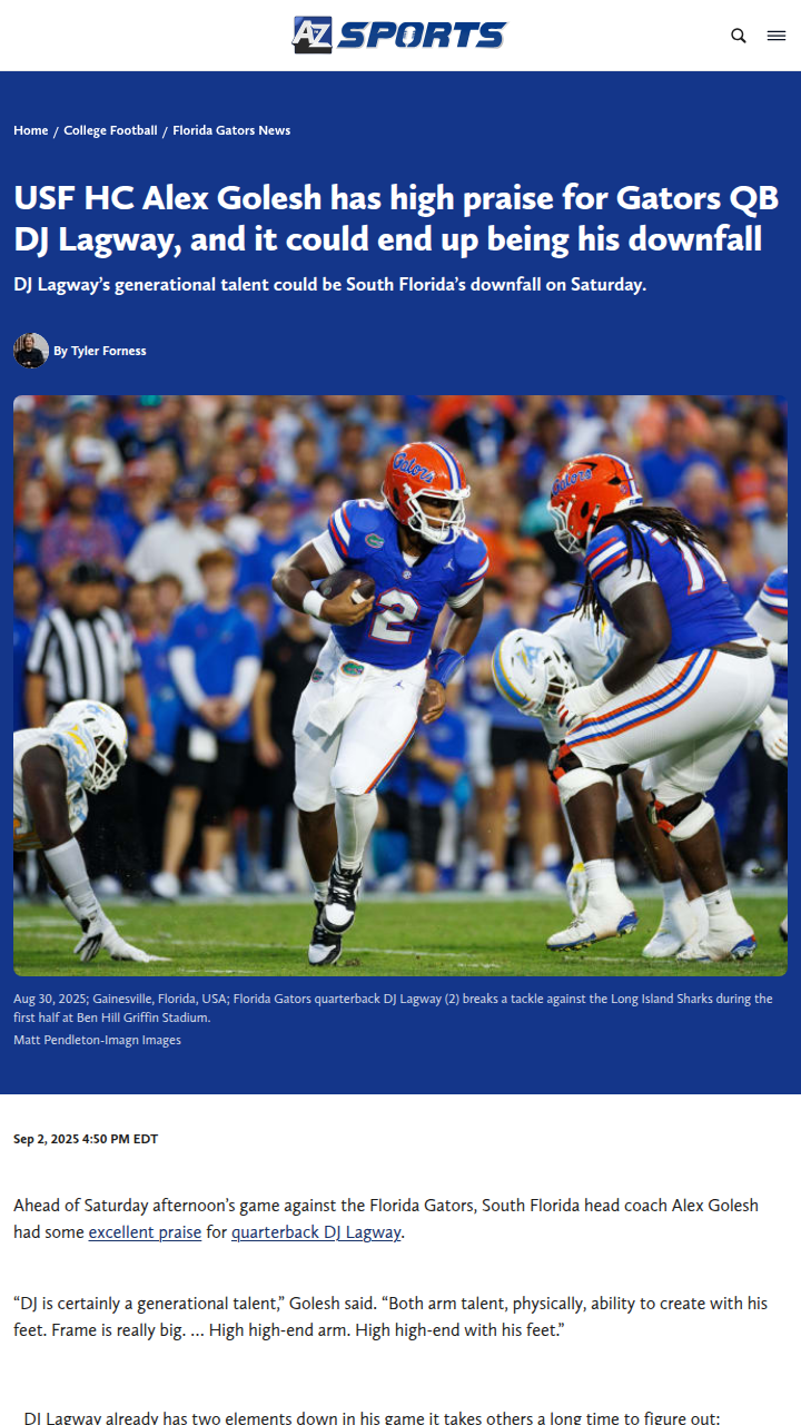Gators QB DJ Lagway’s poise could test USF