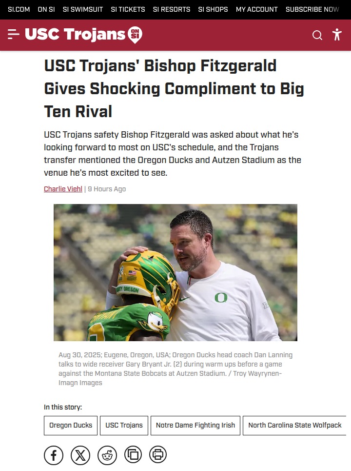 USC’s Bishop Fitzgerald praises Oregon Ducks