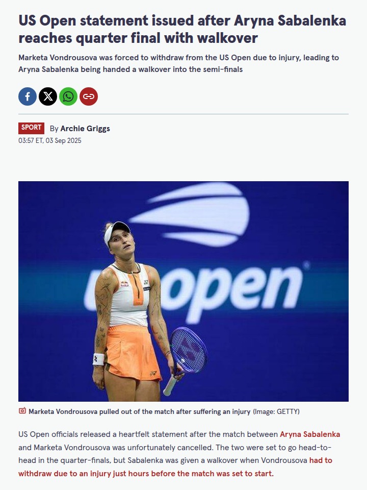 Sabalenka Advances After Vondrousova Walkover