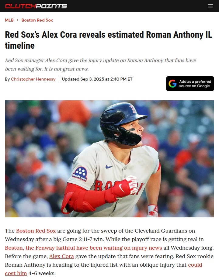 Red Sox playoff hopes hit as Roman Anthony sidelined