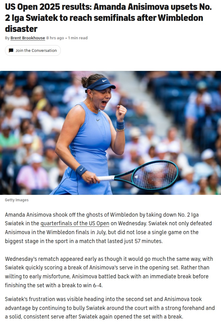 Anisimova Stuns Swiatek for US Open Semis!