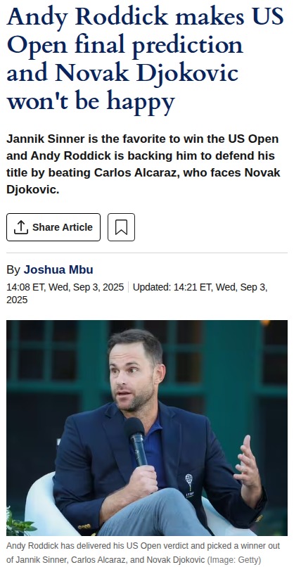 Roddick Doubts Djokovic Can Stop Sinner-Alcaraz Final