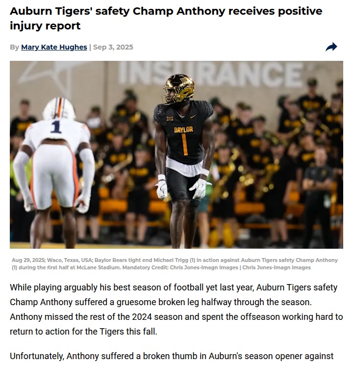 Auburn’s Champ Anthony could return sooner than expected