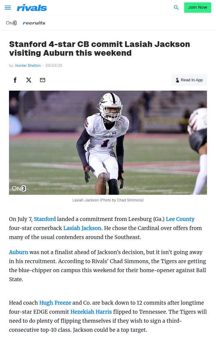 Stanford 4-Star CB Lasiah Jackson Eyes Auburn