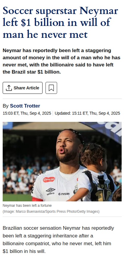 Neymar Inherits $1B from Mystery Superfan