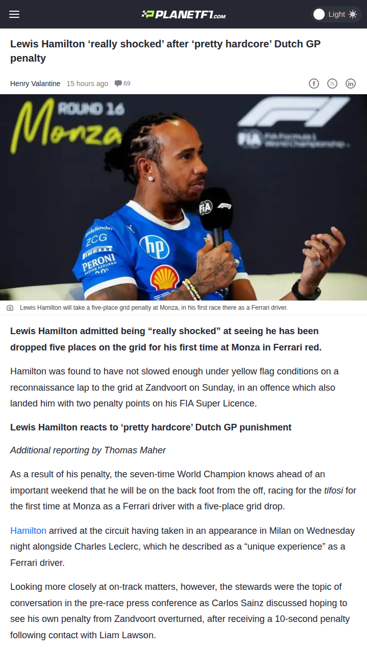 King Lewis Faces Steep Dutch GP Penalty