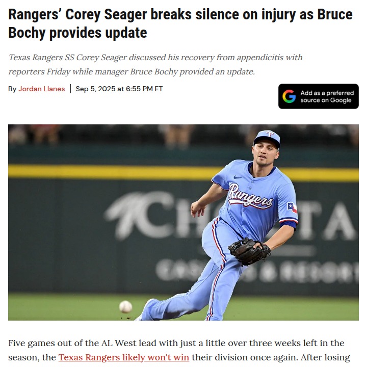 Seager’s close call shakes up Rangers’ playoff push