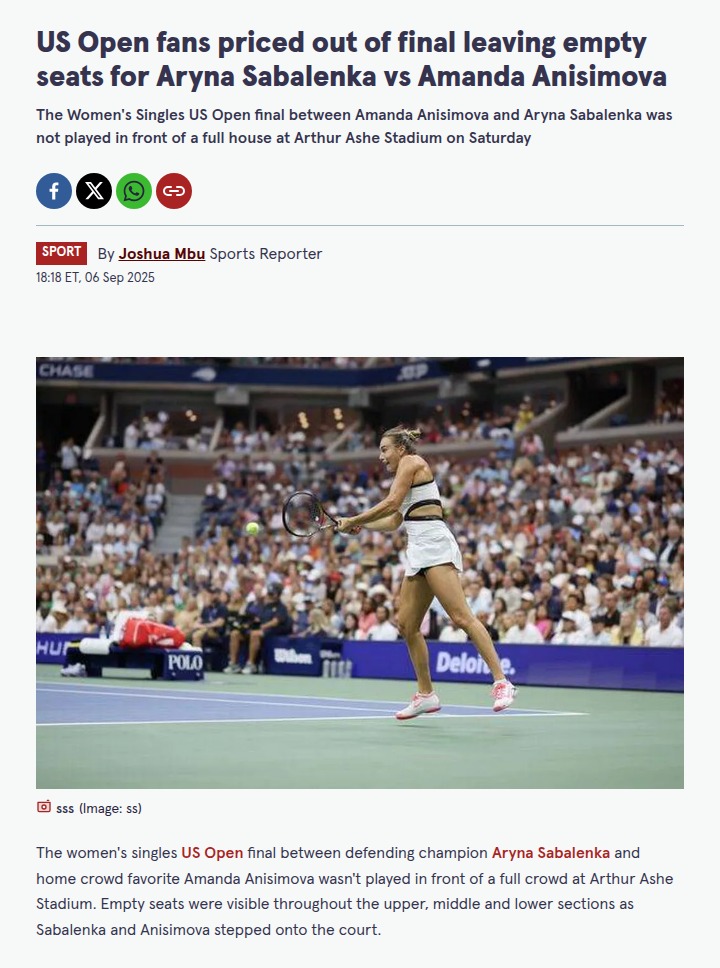 US Open Women's Final: Empty Seats for Sabalenka vs Anisimova