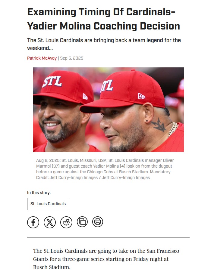Yadier Molina returns to Cardinals dugout this weekend