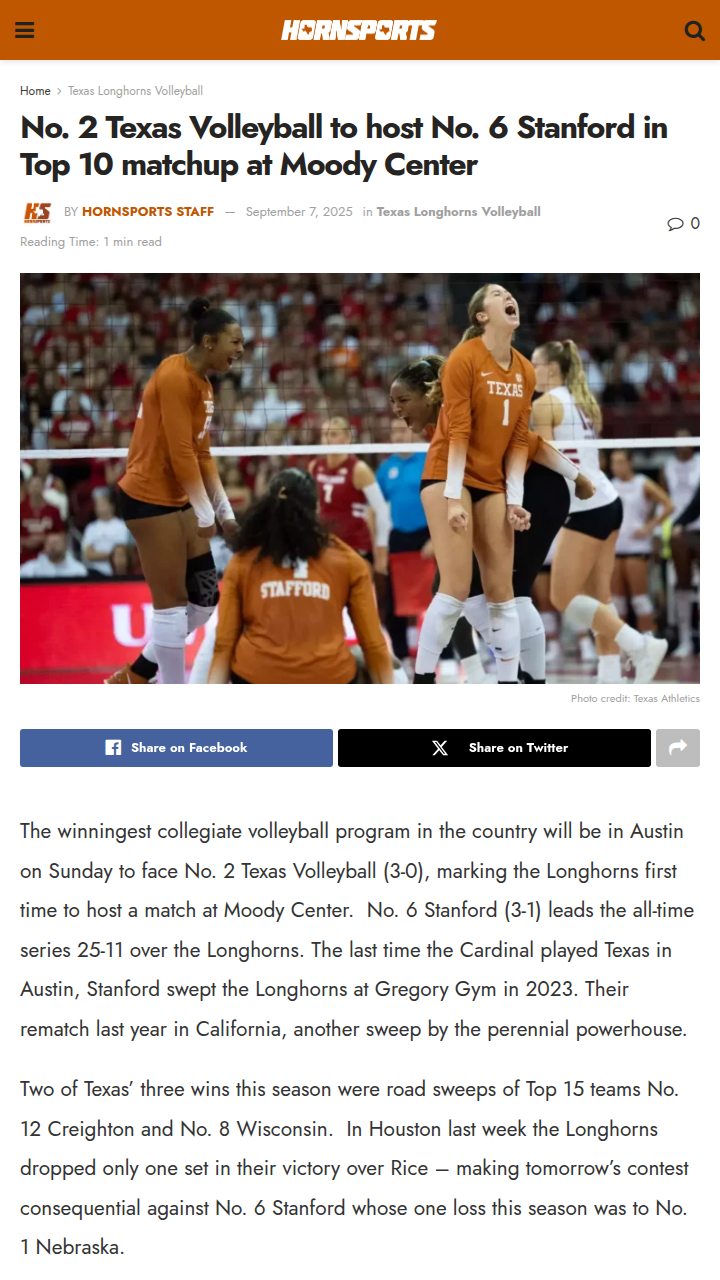 Austin showdown: Texas vs Stanford volleyball clash
