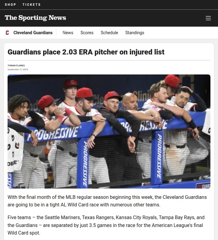 Guardians lose key pitcher in Wild Card chase
