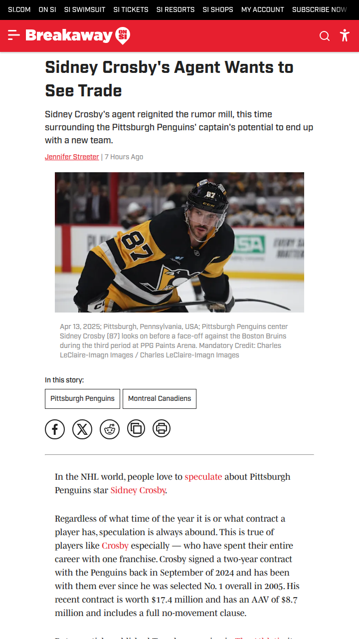 Sid the Kid to Habs? Agent Fuels Trade Buzz