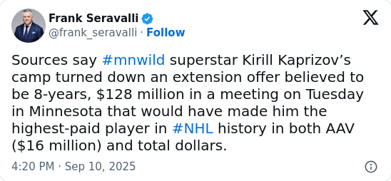 Kaprizov Turns Down Wild’s Record Offer!
