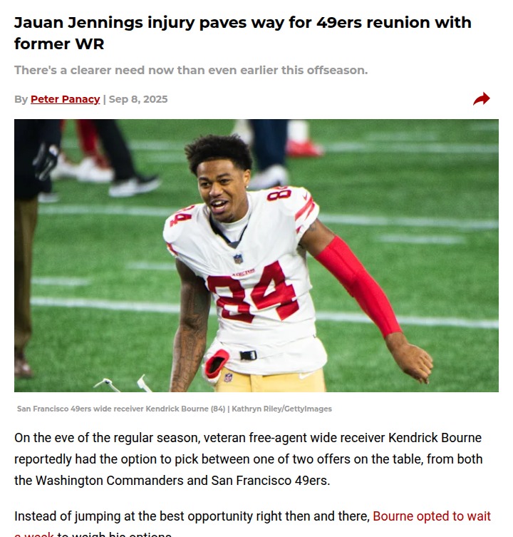 49ers Bring Back Bourne After Jennings Injury