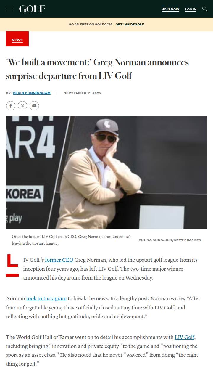 Shark Leaves the Tank: Greg Norman Exits LIV