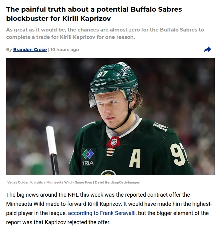 Buffalo’s Kaprizov dream hits a hard wall