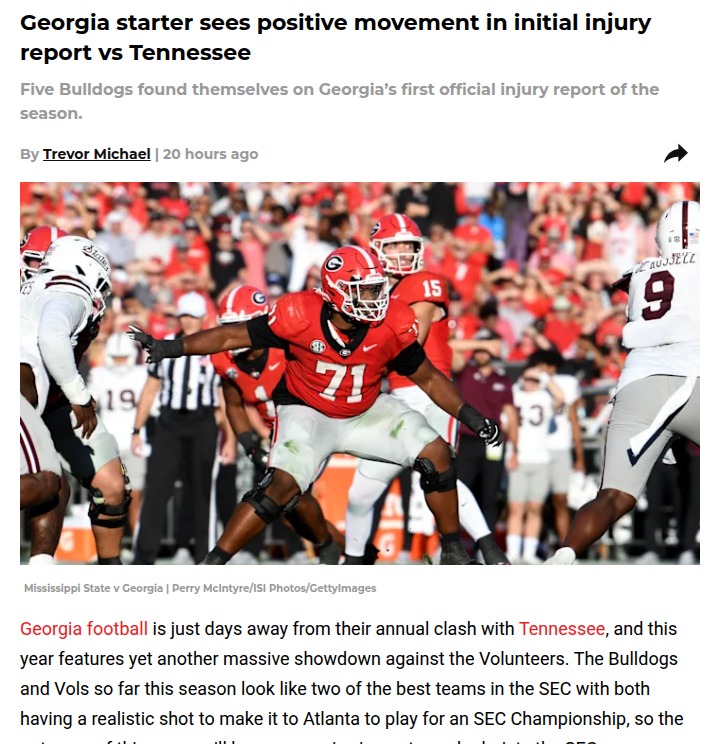 Georgia’s key starter likely back for Tennessee clash