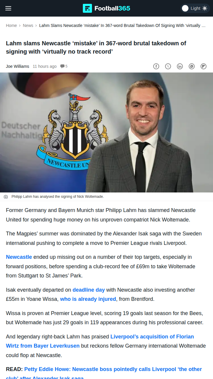 Lahm Questions Magpies’ Big Gamble on Woltemade