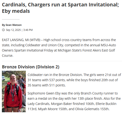 Coldwater’s Gwen Eby shines at Spartan Invite