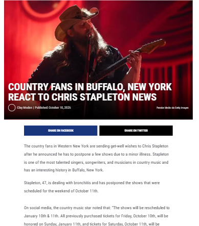 Chris Stapleton Postpones Buffalo Shows 😷