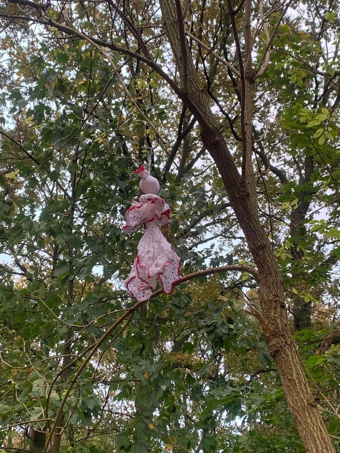 Knit doll (?) hanging in local forest.
