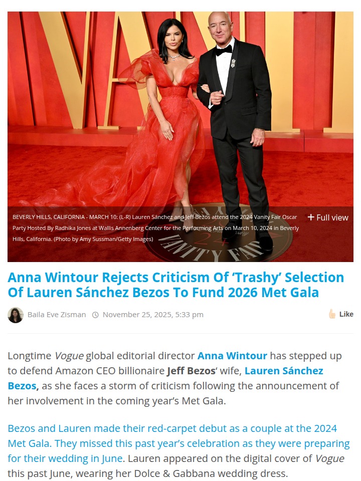 Anna Wintour Defends Lauren Sánchez at Met Gala 👗