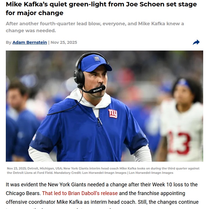 Giants shake up: Kafka takes charge after Bowen fired