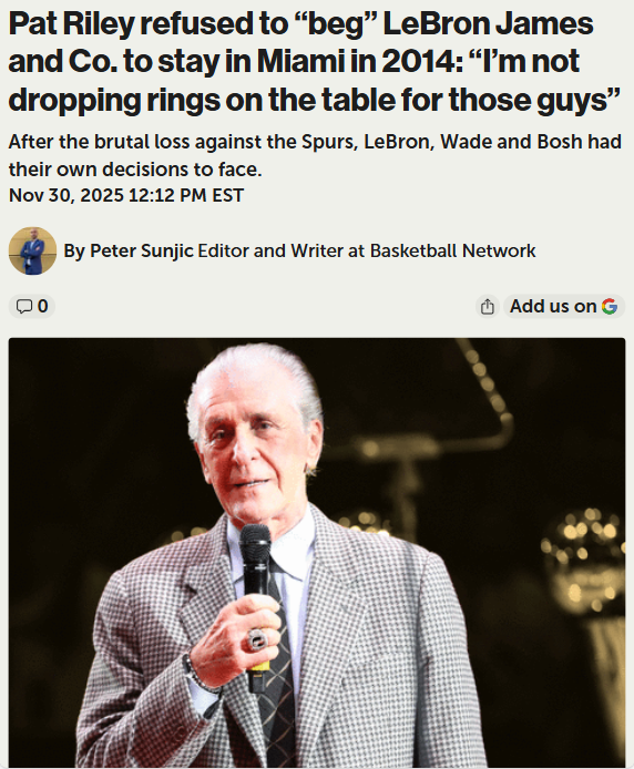 Pat Riley’s bold stand after Heat’s Finals loss
