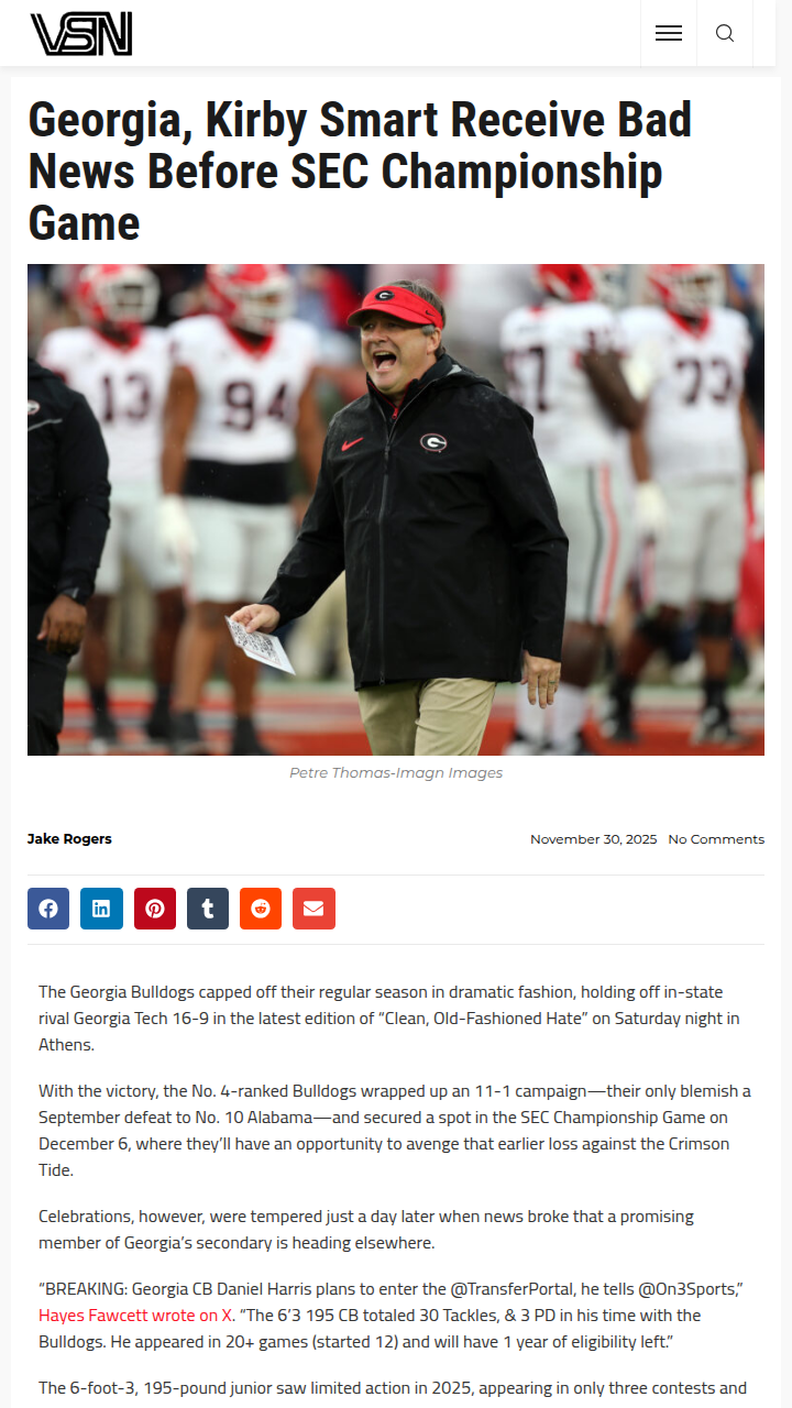 Georgia Bulldogs lose key CB before SEC showdown