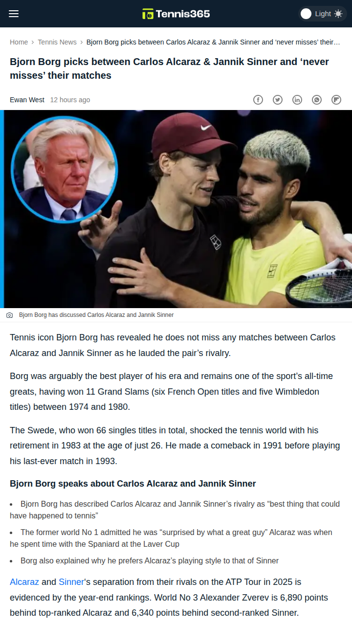 Borg Praises Alcaraz vs Sinner Rivalry