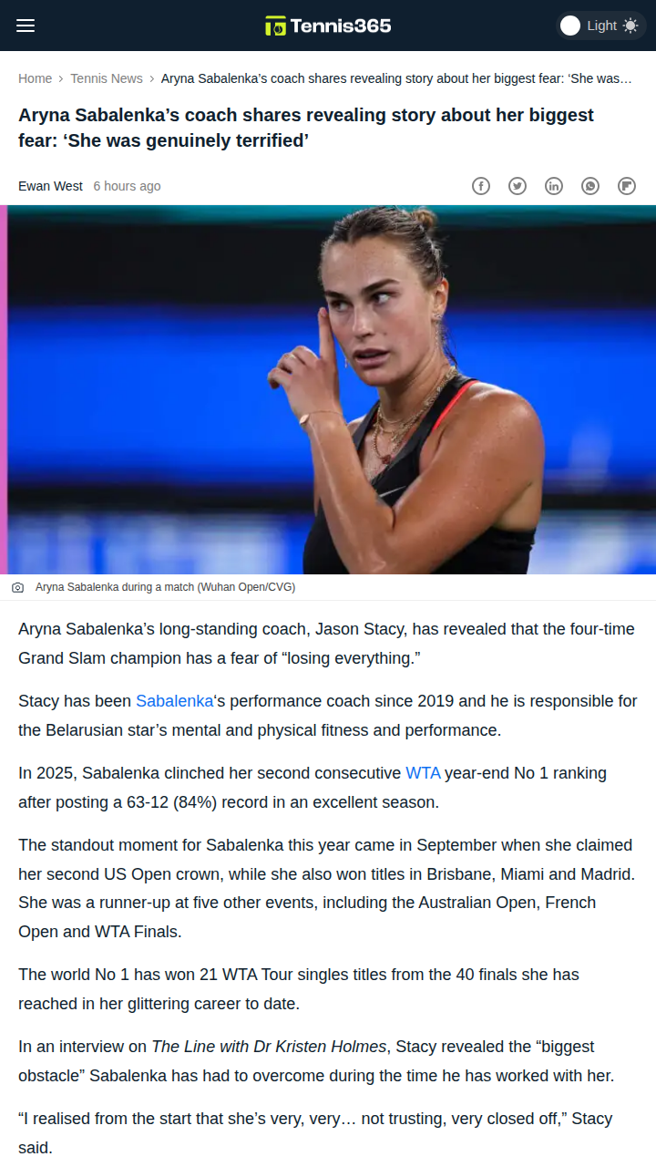 Sabalenka’s Biggest Rival: Her Own Fears