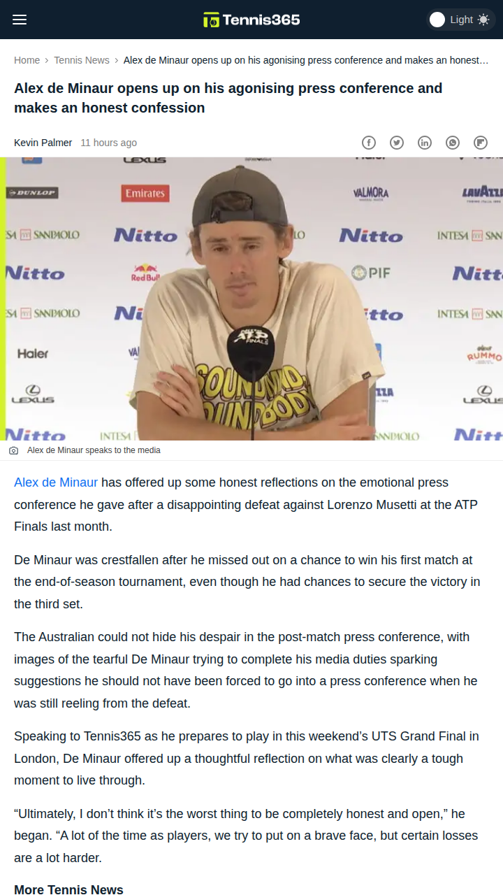 De Minaur’s Honest Moment After ATP Finals Loss