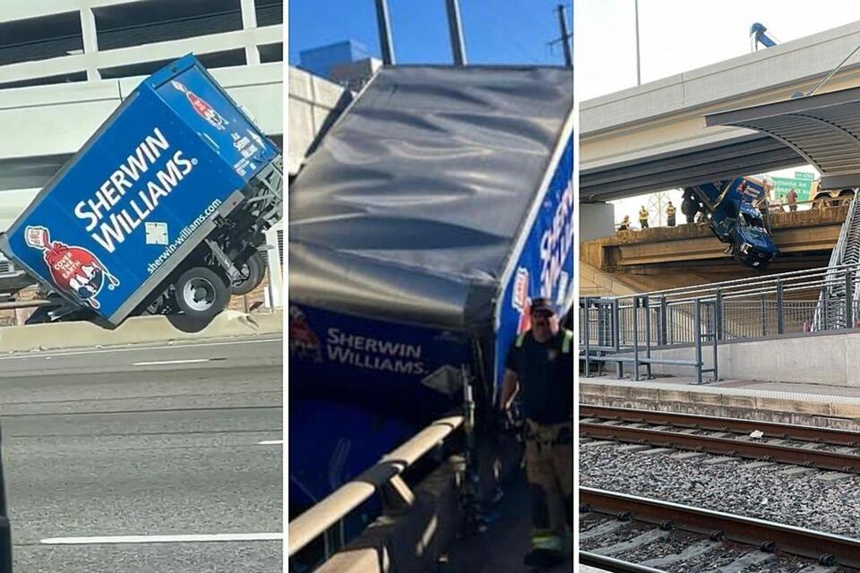 Truck dangles off I-35 bridge in Dallas