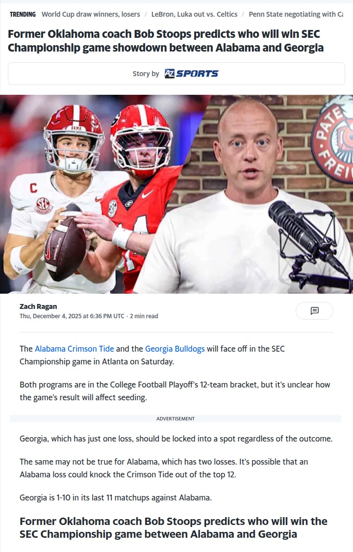 Stoops Picks Dawgs Over Bama in SEC Clash