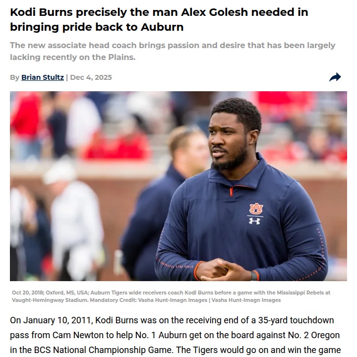 Auburn football’s heart returns with Kodi Burns