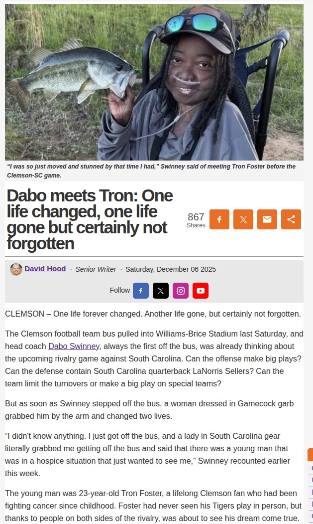 Clemson’s rivalry game brings a moment of grace