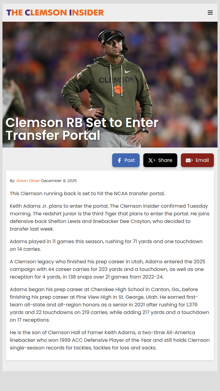 Clemson legacy RB Keith Adams Jr. to transfer