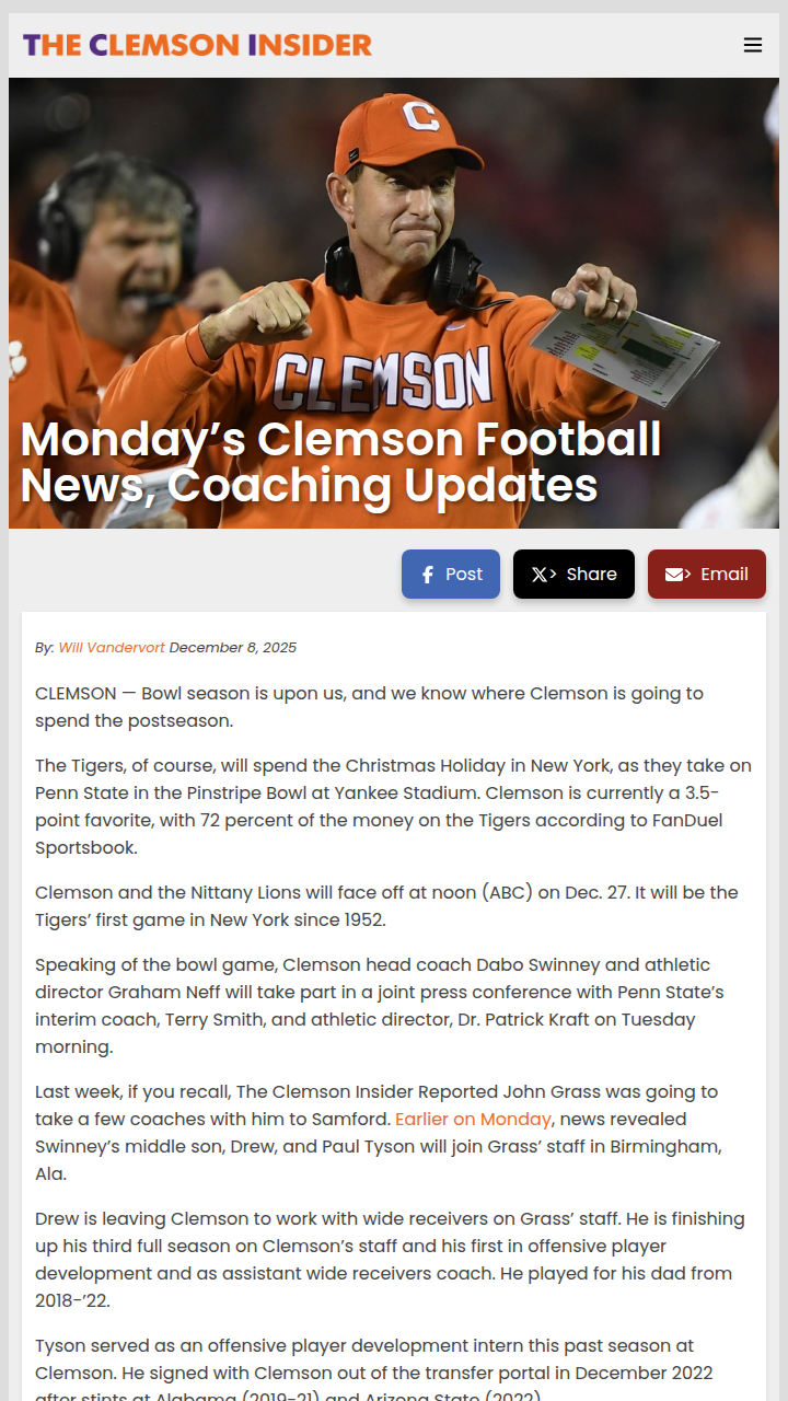 Clemson’s coaching shuffle heats up before Pinstripe Bowl