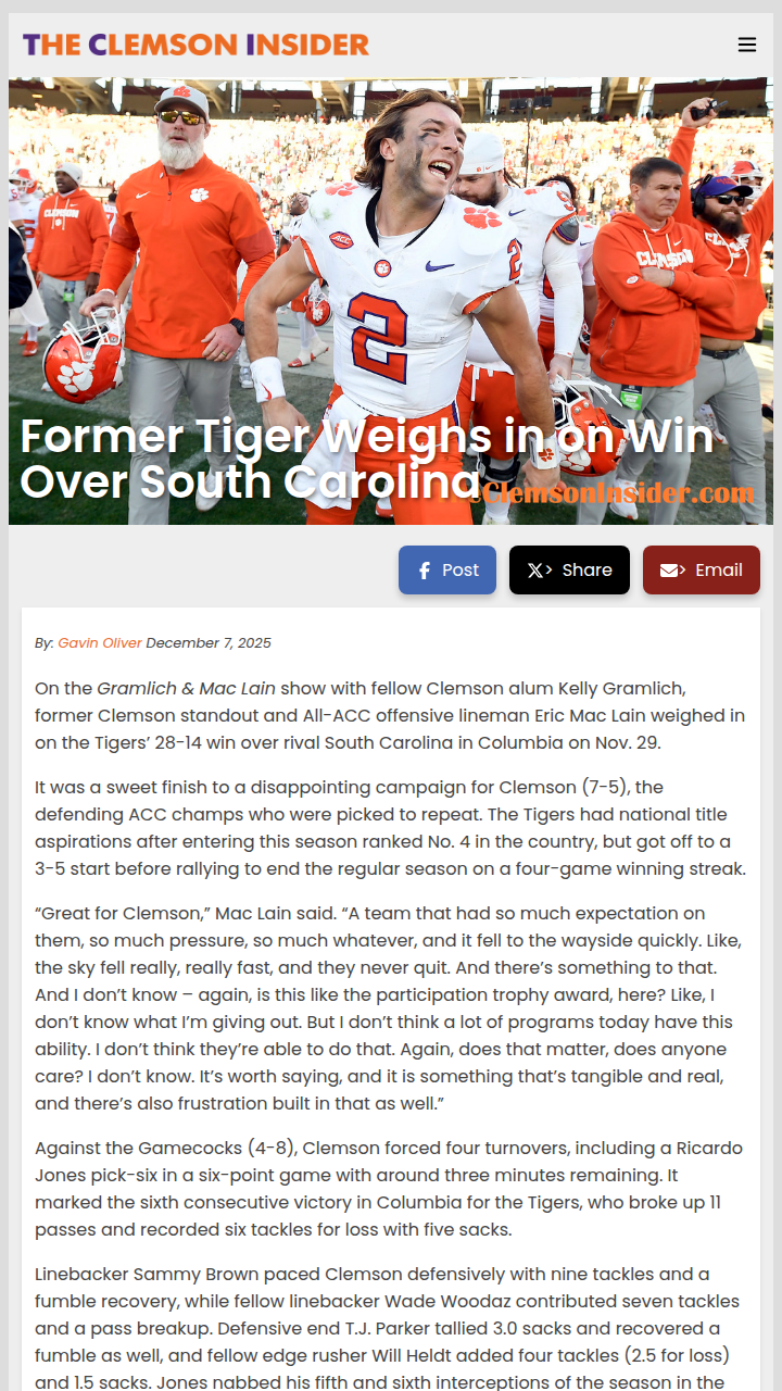 Clemson’s defense dominates in rivalry win